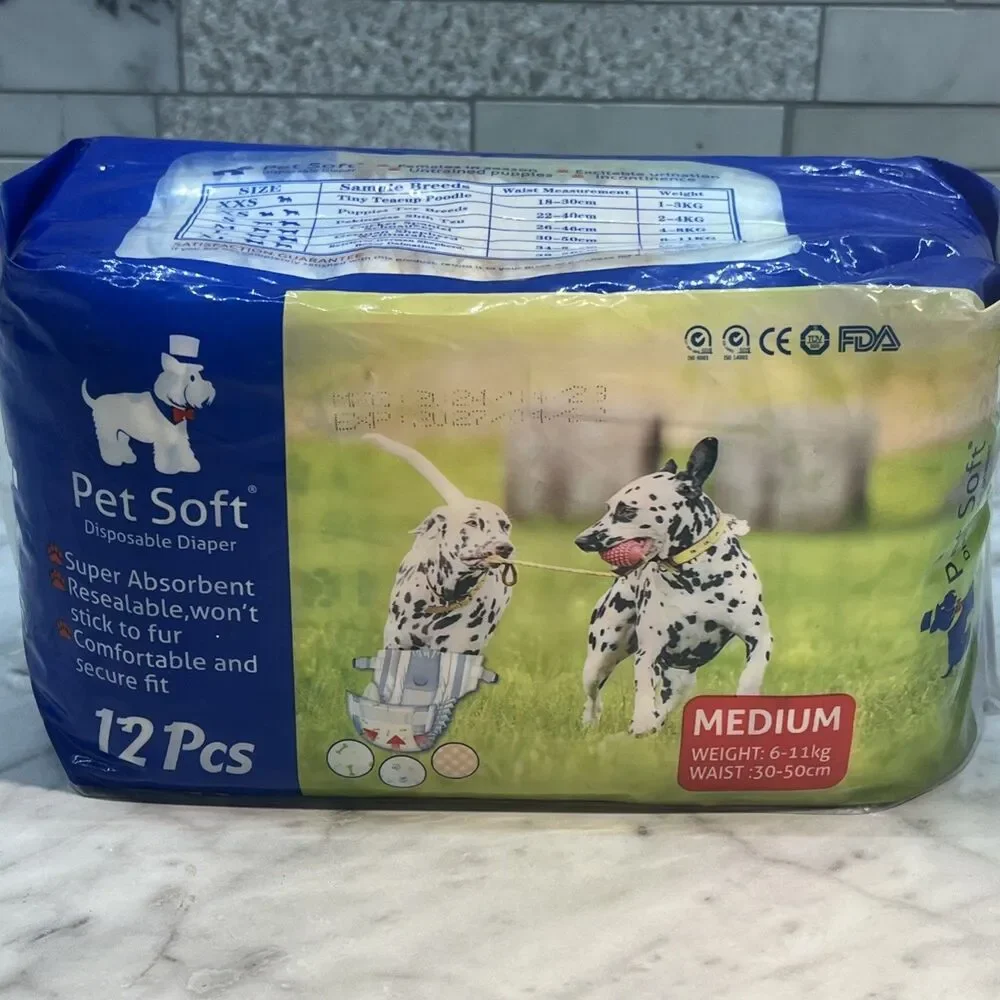 Pet Soft Dog Disposable Diapers 12 PK SZ Medium female in heat or untrained pups